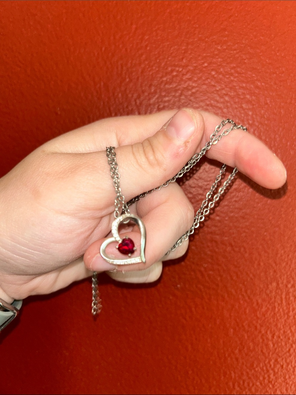 Sterling-Style Heart Pendant Necklace with Red Gemstone